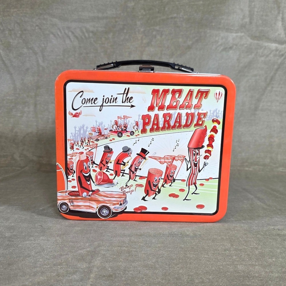 Archie McPhee Meat Parade Retro Embossed Metal Lunch Box Orange Novelty Storage